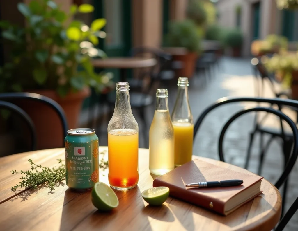 Sélection d'alternatives à And Lime en canettes et bouteilles sur une table de terrasse de café parisien