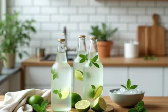 Alternatives à And Lime : bouteilles de tonic et eau pétillante avec citrons verts frais sur plan de travail en bois