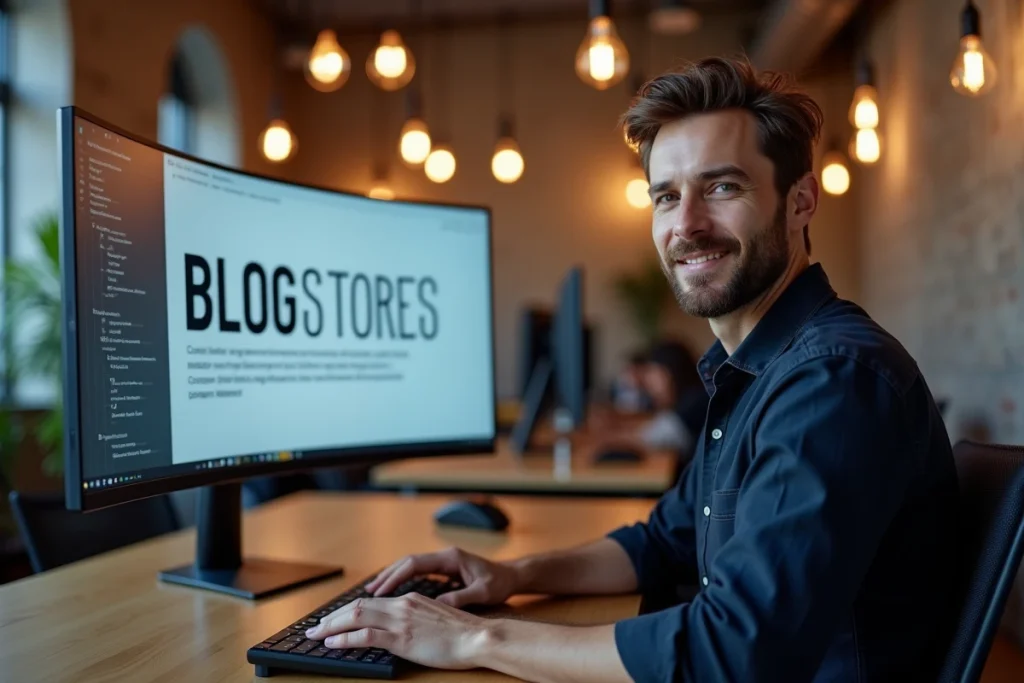 Développeur web comparant des associations de polices serif et sans-serif sur un grand écran dans un espace de coworking moderne