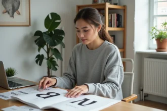 Designer étudiant des spécimens typographiques imprimés sur un bureau minimaliste en bois pour choisir des polices modernes pour un blog