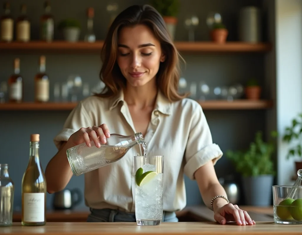 Femme préparant une boisson pétillante avec citron vert comme alternative à And Lime dans une cuisine moderne
