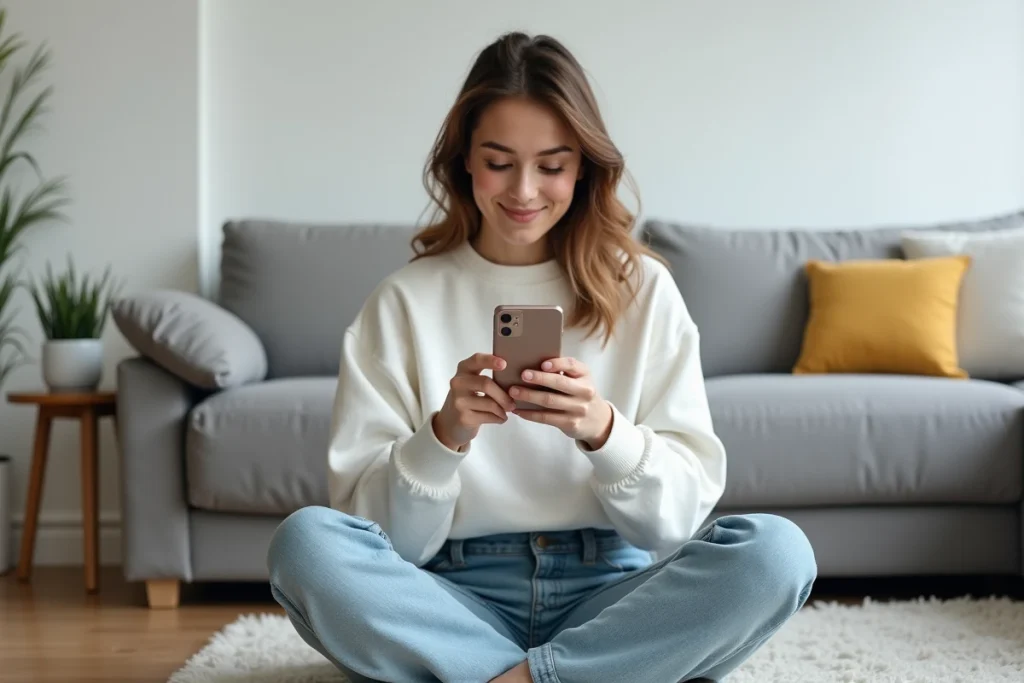 Jeune femme utilisant un code promo sur son téléphone portable confortablement installée dans son salon