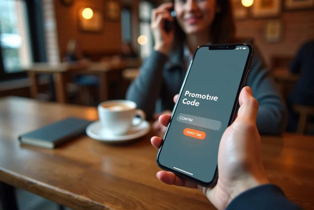 Gros plan d'un smartphone affichant un champ de saisie de code promo posé sur une table de café