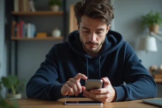Jeune homme activant un code promo Hellcase sur son smartphone depuis son bureau à domicile