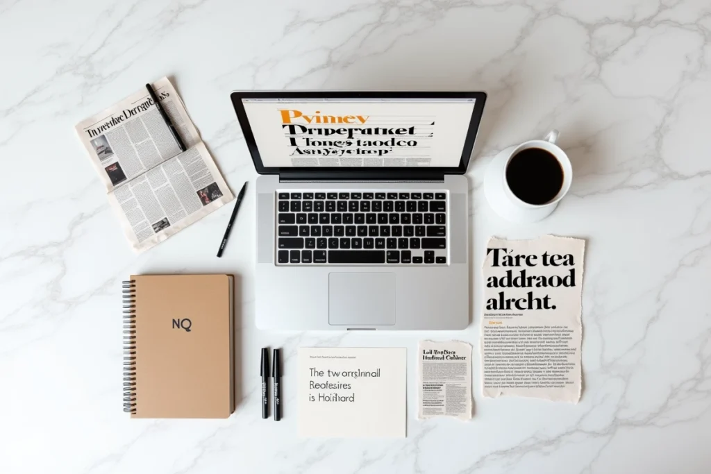 Vue aérienne d'un plat posé sur marbre blanc avec un MacBook affichant un moodboard typographique, un carnet de notes et des extraits de magazines pour un blog moderne