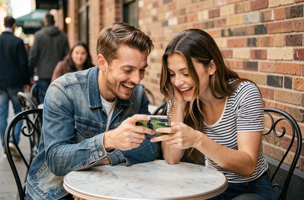Deux amis partageant des astuces de jeu Coin Master sur smartphone à la terrasse d'un café