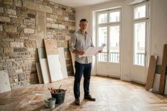 Architecte examinant des plans dans un appartement ancien en cours de rénovation énergétique avec fenêtres double vitrage et parquet restauré