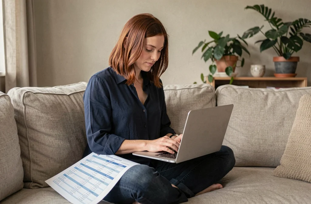 Femme comparant la taille diagonale d'un ordinateur portable avec un tableau de conversion pouces centimètres pour bien choisir son PC portable