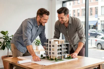 Couple examinant une maquette architecturale d'un immeuble neuf dans une agence immobilière moderne