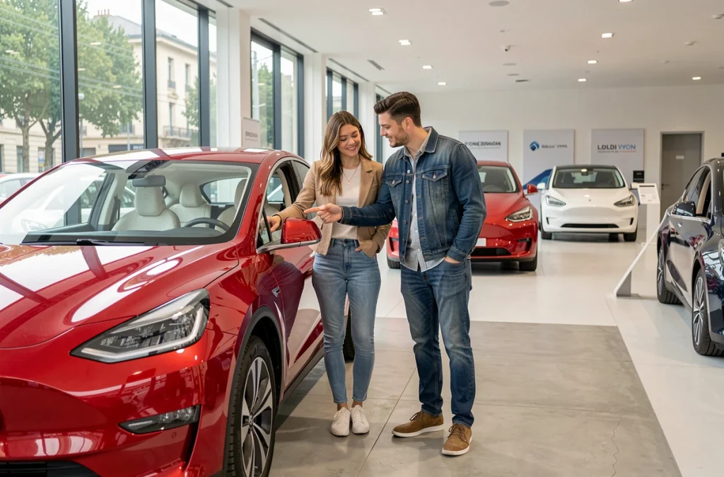 Couple français en train d'examiner une voiture électrique rouge dans un showroom moderne à Lyon