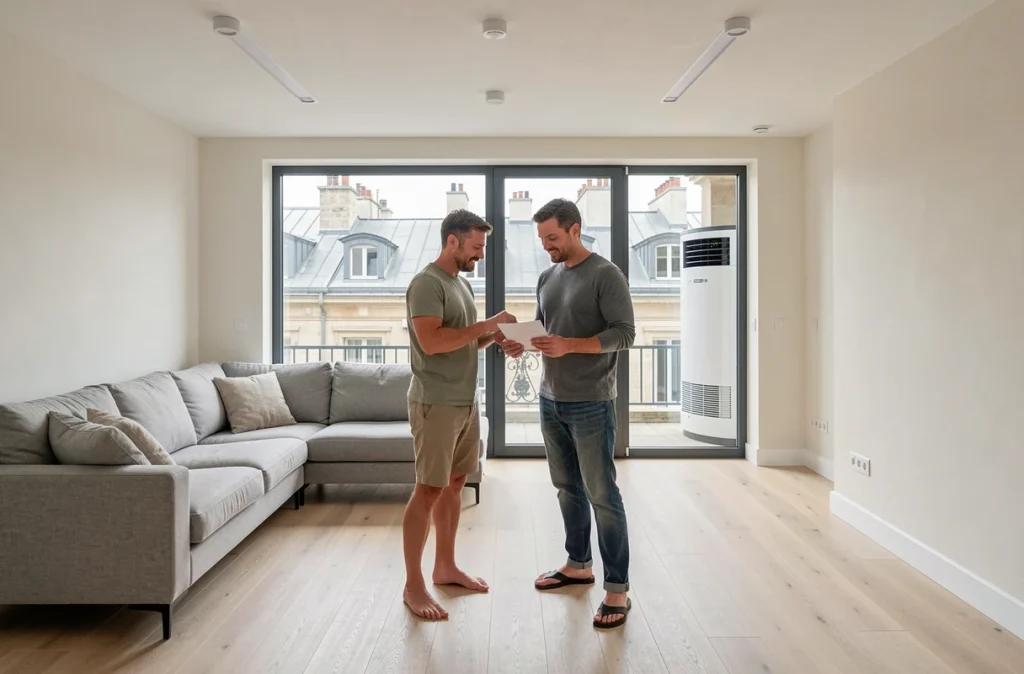 Couple consultant un document d'estimation immobilière dans un appartement ancien rénové avec pompe à chaleur et fenêtres isolantes