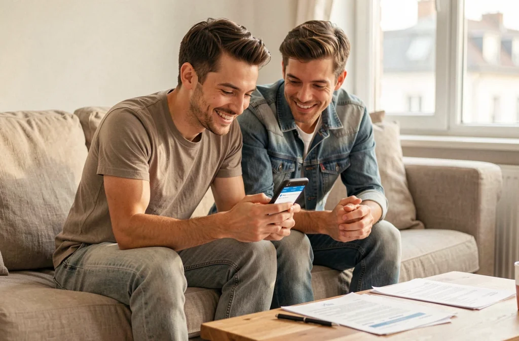 Couple consultant leur smartphone pour ouvrir un livret d'épargne en ligne ensemble dans leur salon