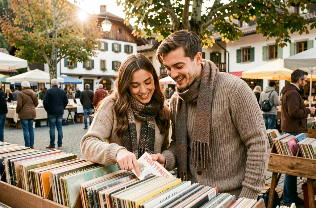 Couple cherchant des disques vinyles dans un vide grenier en Savoie au lever du soleil