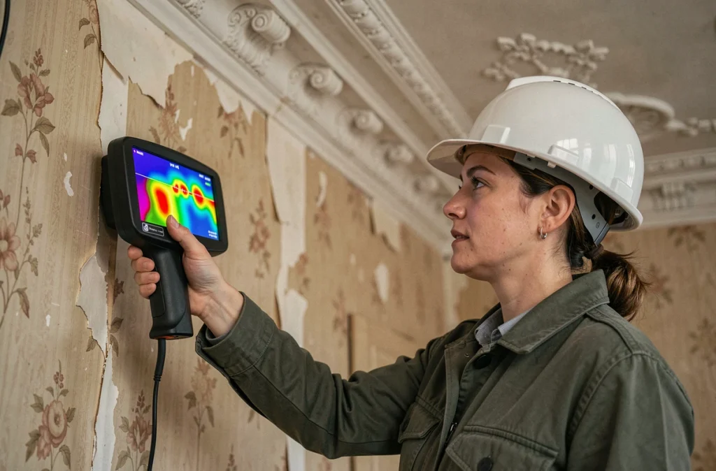 Consultante en efficacité énergétique effectuant un diagnostic thermique dans un appartement ancien parisien avec caméra infrarouge