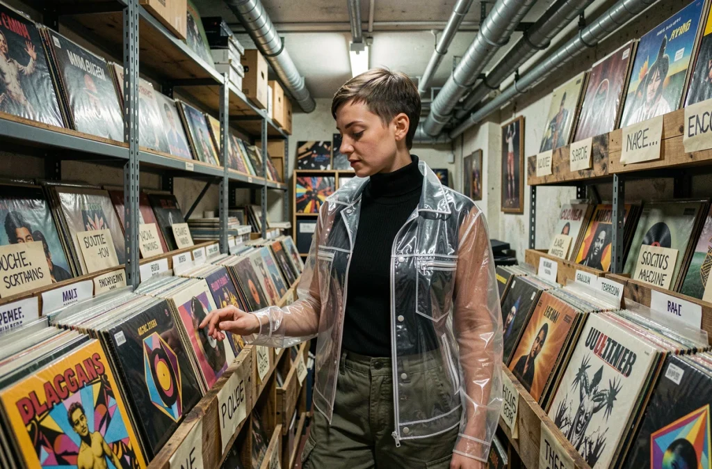 Femme parcourant des vinyles techno et acid dans un disquaire indépendant au décor industriel et authentique