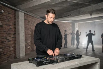 DJ homme concentré derrière un setup minimaliste dans un club industriel en béton brut, ambiance techno underground