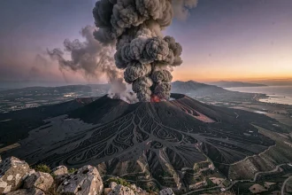 Éruption du volcan Etna vue du ciel au crépuscule avec panache de cendres volcaniques et champs de lave noire en Sicile