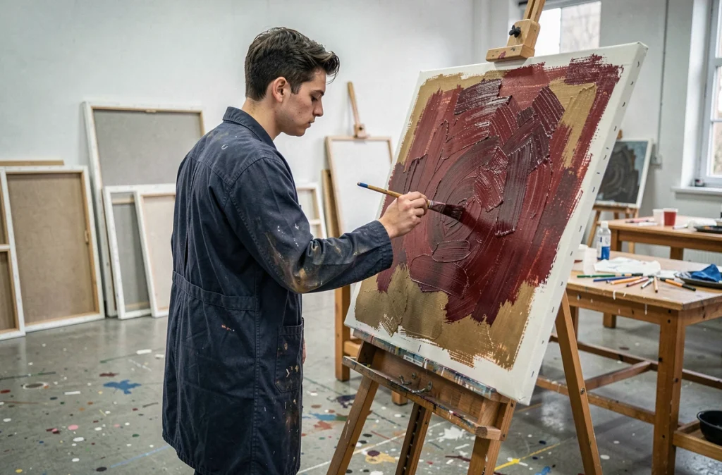 Étudiant en art appliquant de la peinture à l'huile bordeaux sur une toile sur chevalet dans un atelier universitaire