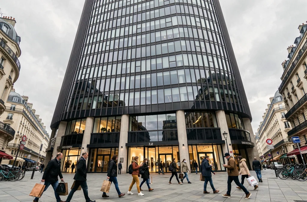 Façade extérieure de la Tour Montparnasse avec commerces en rez-de-chaussée et passants parisiens
