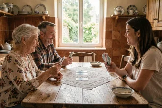 Famille jouant à la belote autour d'une table en bois dans une cuisine de campagne chaleureuse