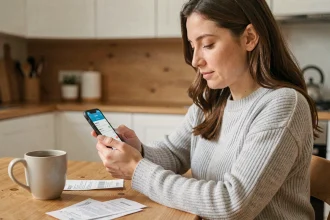Femme utilisant une application mobile de gestion des dépenses à la table de sa cuisine