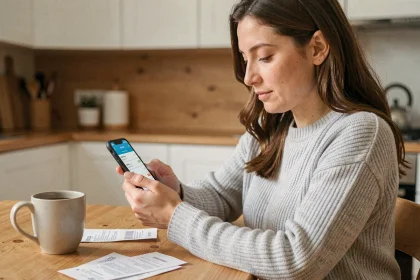 Femme utilisant une application mobile de gestion des dépenses à la table de sa cuisine