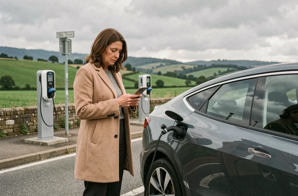 Femme française à une borne de recharge autoroutière avec un SUV électrique gris, campagne française en arrière-plan