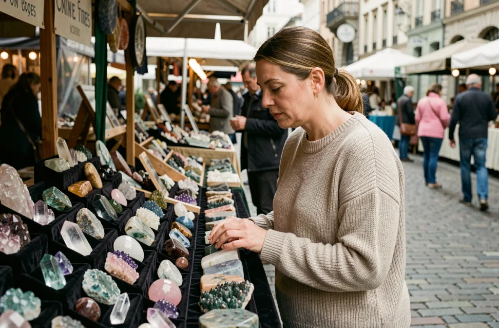 Femme choisissant des pierres naturelles sur un marché artisanal, à la recherche d'une pierre porte-chance pour les jeux d'argent