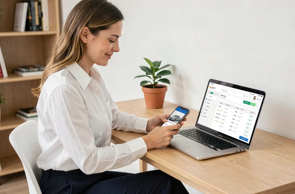 Une femme gère l'historique d'entretien de son véhicule via une application mobile depuis son bureau à domicile