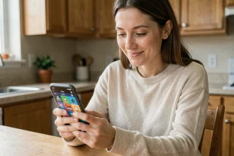 Femme jouant à un jeu mobile de puzzle type Candy Crush sur son smartphone dans une cuisine moderne