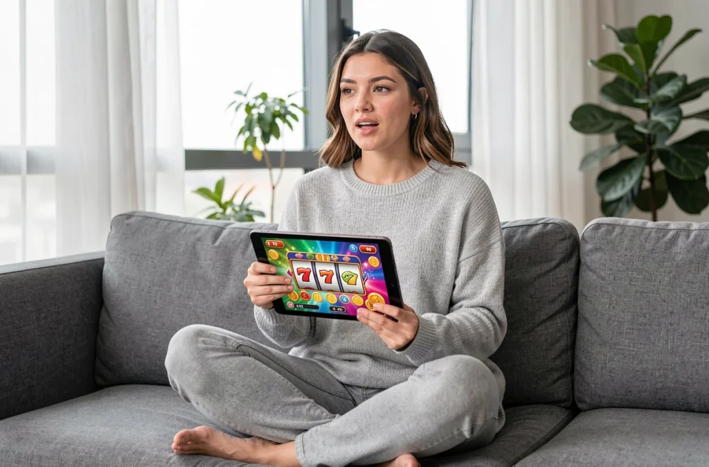 Femme jouant à un jeu mobile de type Coin Master sur tablette dans un salon moderne