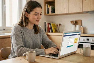 Femme utilisant un ordinateur portable pour ouvrir un livret d'épargne en ligne depuis son appartement