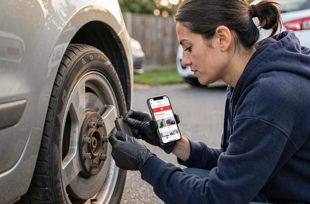 Femme changeant ses plaquettes de frein dans une allée en suivant un tutoriel sur smartphone