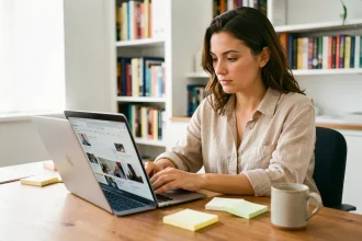 Femme consultant un blog sur son ordinateur portable pour repérer les meilleurs contenus sans perdre de temps
