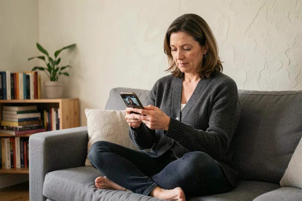 Femme naviguant sur son smartphone depuis son canapé pour trier efficacement les contenus de blogs