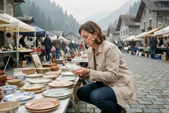 Femme examinant de la vaisselle ancienne sur un stand de vide grenier en Savoie le matin