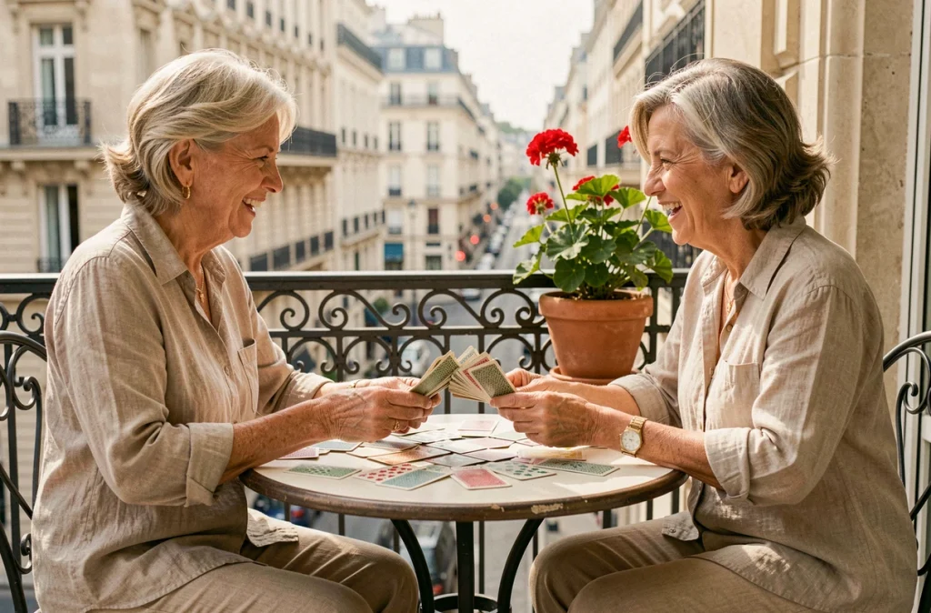 Deux femmes jouant à la belote avec des cartes sur un balcon parisien ensoleillé