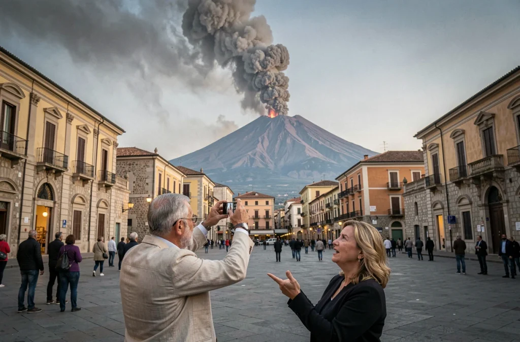 Habitants de Catane observant et filmant l'éruption de l'Etna depuis la place de la ville avec le volcan visible à l'horizon