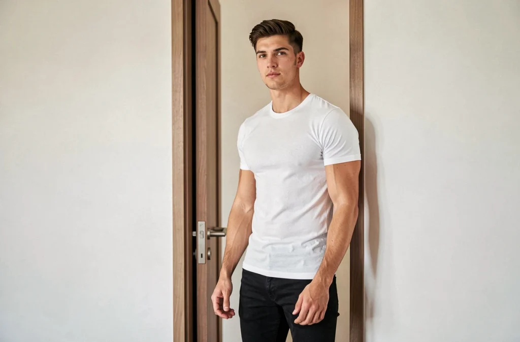 Jeune homme grand mesurant sa taille près d'un chambranle de porte dans un appartement moderne