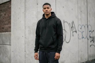 Rappeur français de grande taille en tenue décontractée posant devant un mur urbain en béton
