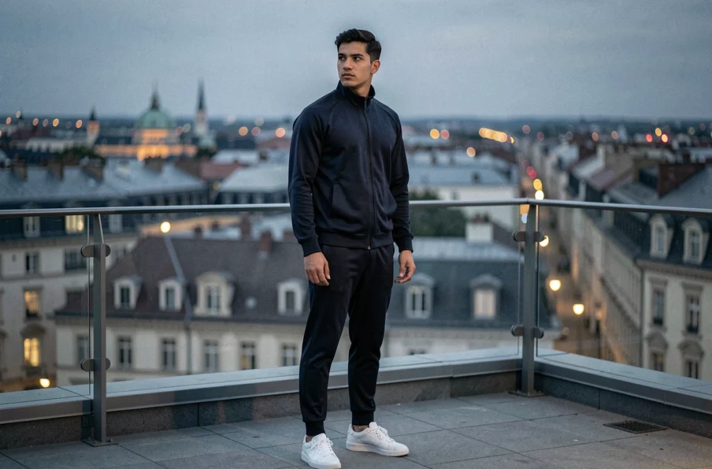 Rappeur stylé en survêtement sombre photographié en pied sur un toit avec panorama urbain européen