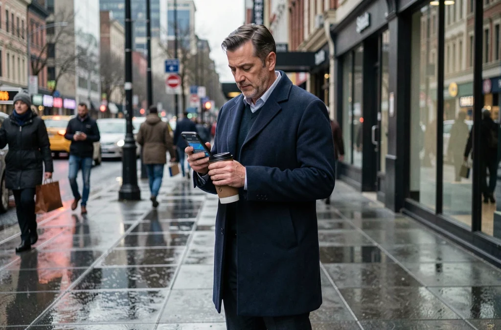 Homme consultant son application de suivi des dépenses dans la rue en ville