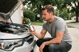 Un homme consulte une application mobile de gestion d'entretien automobile devant le capot ouvert de son SUV dans une allée résidentielle