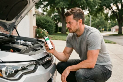 Un homme consulte une application mobile de gestion d'entretien automobile devant le capot ouvert de son SUV dans une allée résidentielle