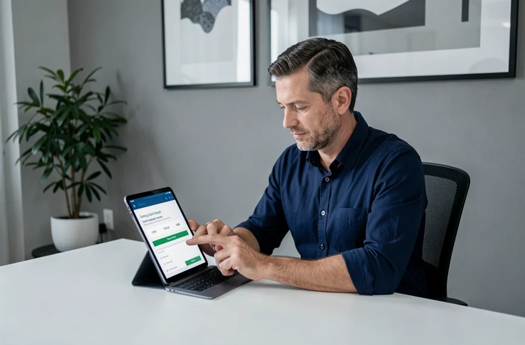 Homme consultant des offres de livrets d'épargne en ligne sur une tablette dans son bureau à domicile