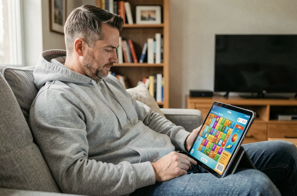 Homme adulte jouant à un jeu de puzzle sur tablette dans un salon avec progression de niveaux visible à l'écran