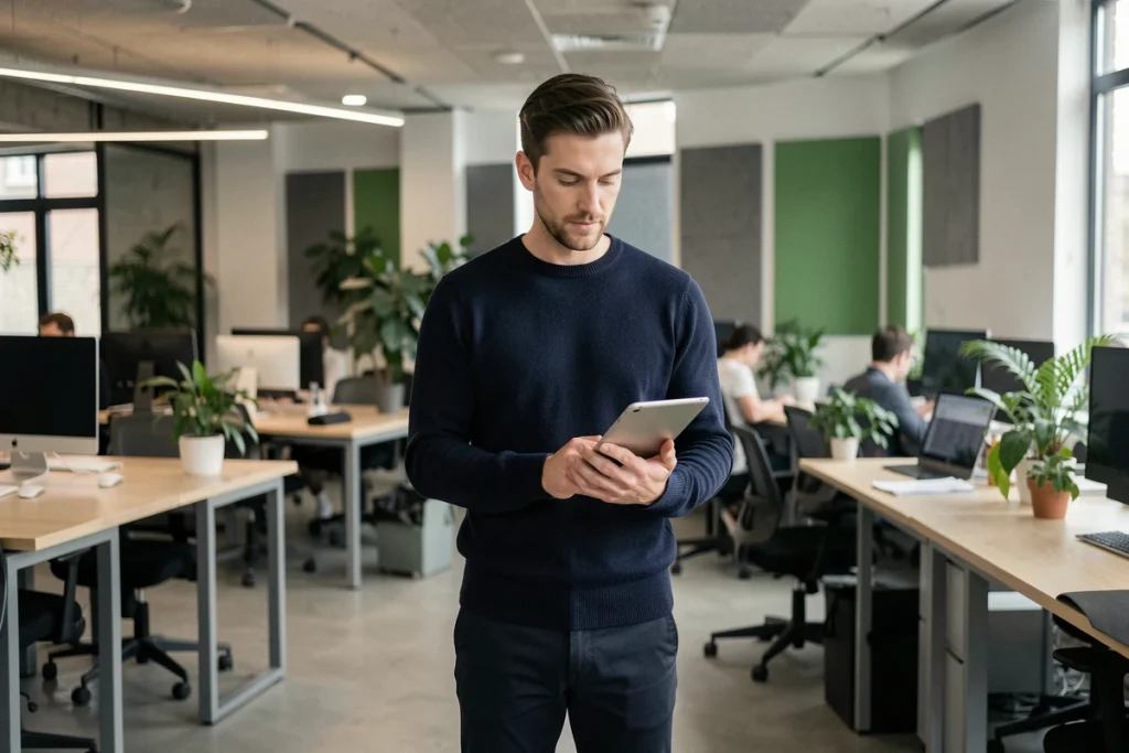 Homme lisant des articles sélectionnés sur une tablette dans un espace de coworking moderne