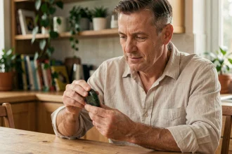 Homme tenant une pierre porte-bonheur verte dans ses mains à table, symbolisant la croyance aux pierres pour les jeux d'argent
