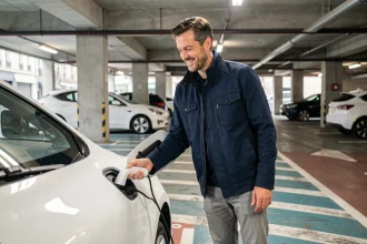 Homme français branchant une voiture électrique blanche sur une borne de recharge dans un parking urbain parisien