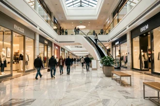 Intérieur du centre commercial Tour Montparnasse avec boutiques et escalators, vue grand angle de l'atrium